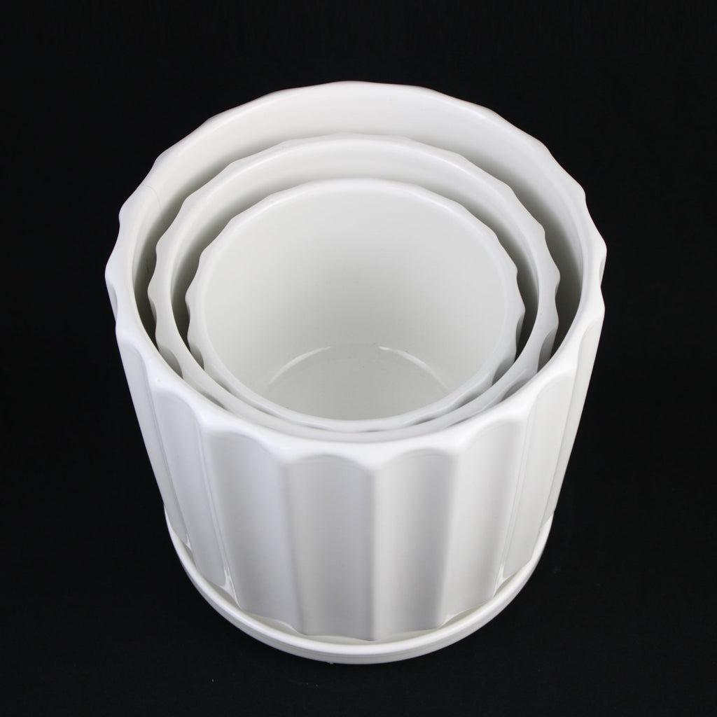 3-Piece White Ceramic Planter Pot Set with Fluted Design & Saucers – Indoor Plant Pots