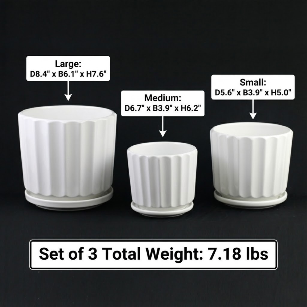 3-Piece White Ceramic Planter Pot Set with Fluted Design & Saucers – Indoor Plant Pots