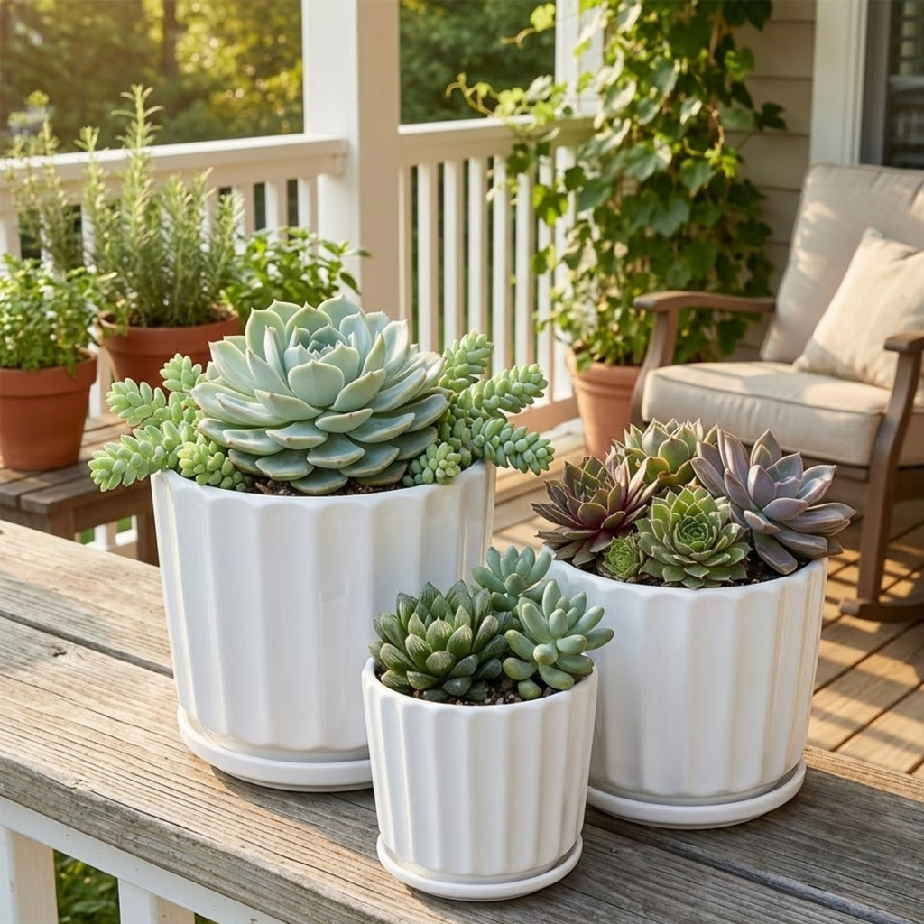 3-Piece White Ceramic Planter Pot Set with Fluted Design & Saucers – Indoor Plant Pots