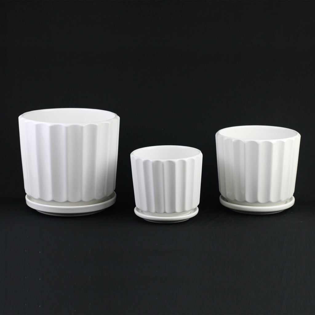 3-Piece White Ceramic Planter Pot Set with Fluted Design & Saucers – Indoor Plant Pots