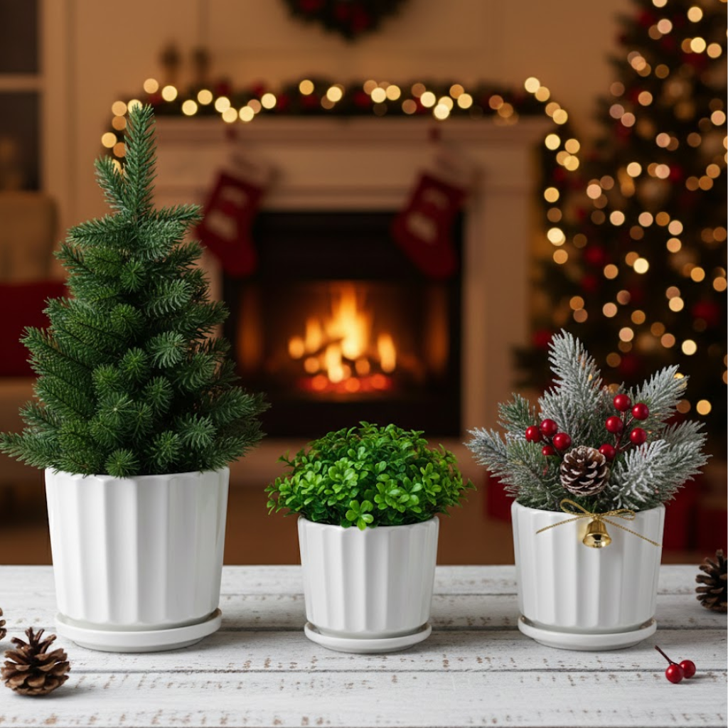 3-Piece White Ceramic Planter Pot Set with Fluted Design & Saucers – Indoor Plant Pots