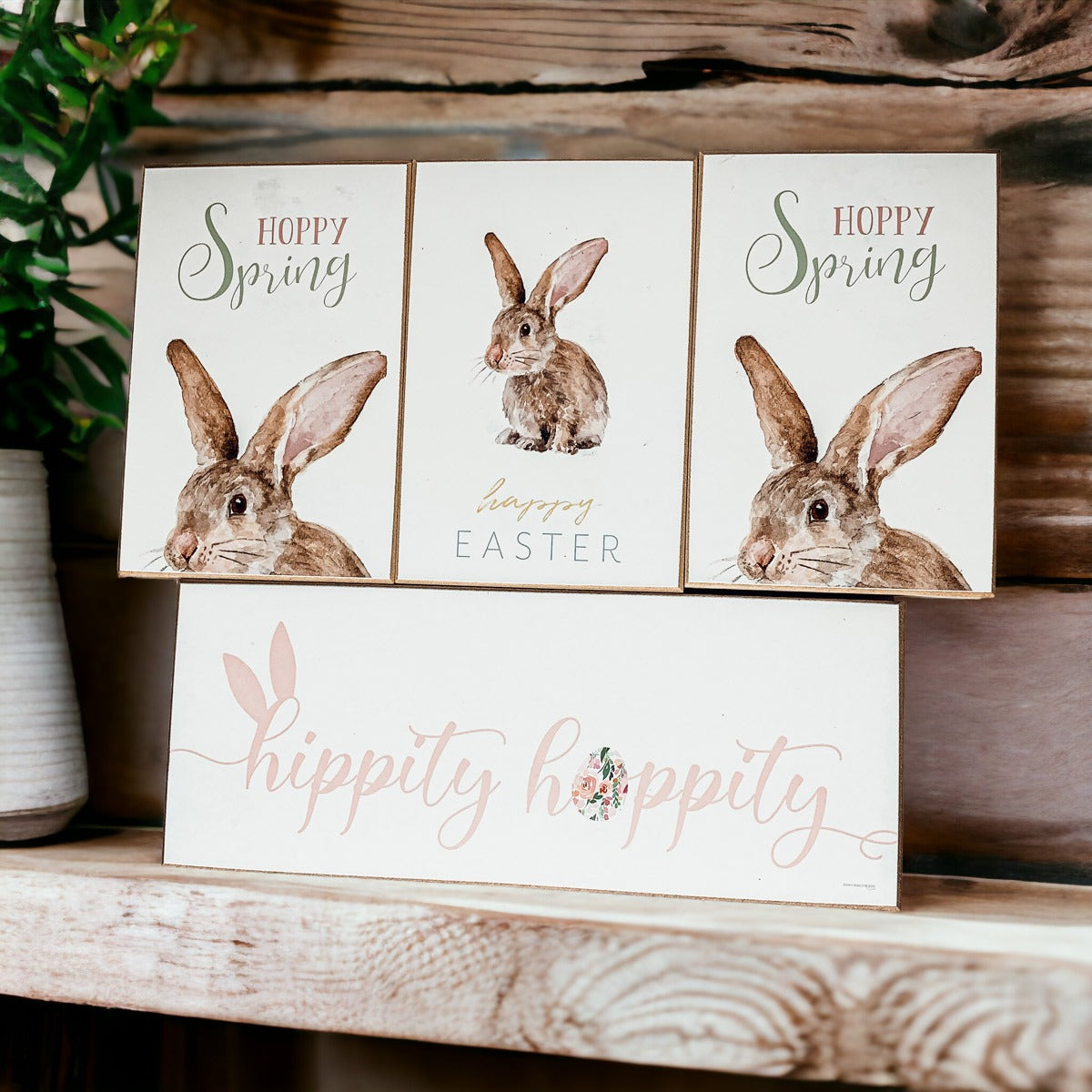 Hippity Hoppity Bunny Easter Home Decor Set Watercolor Bunny Sign Spring Mantel Rustic Farmhouse
