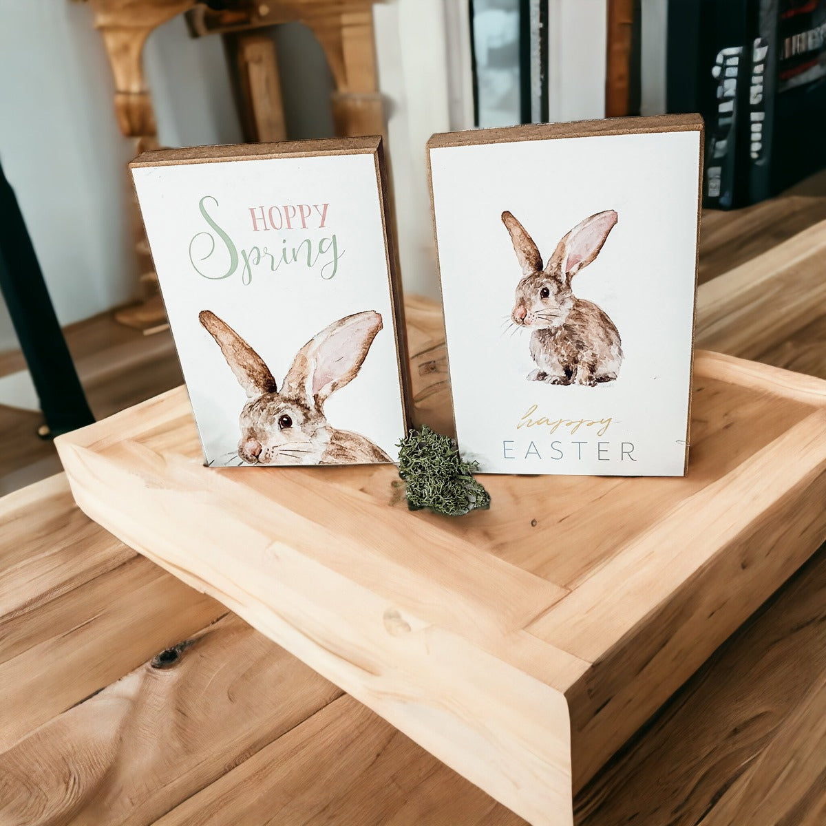 Hippity Hoppity Bunny Easter Home Decor Set Watercolor Bunny Sign Spring Mantel Rustic Farmhouse