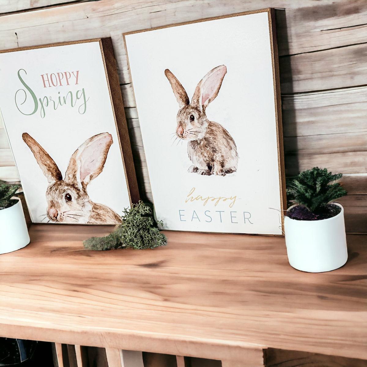 Hippity Hoppity Bunny Easter Home Decor Set Watercolor Bunny Sign Spring Mantel Rustic Farmhouse