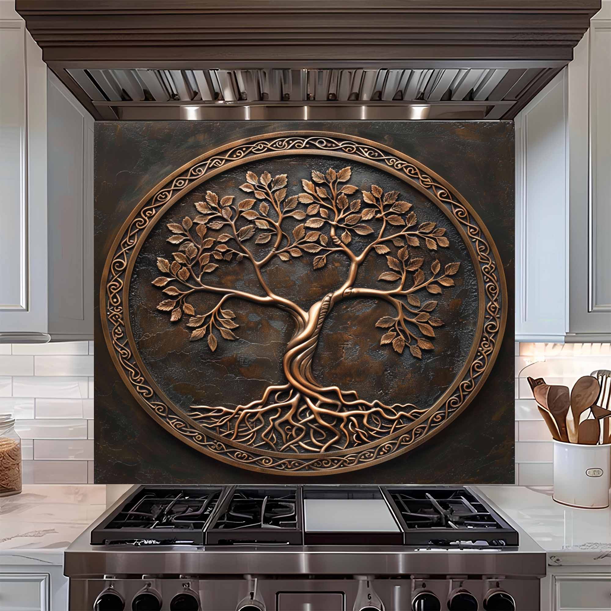 Bronze Circle Tempered Glass Backsplash – Copper Look Tree of Life Kitchen Backsplash