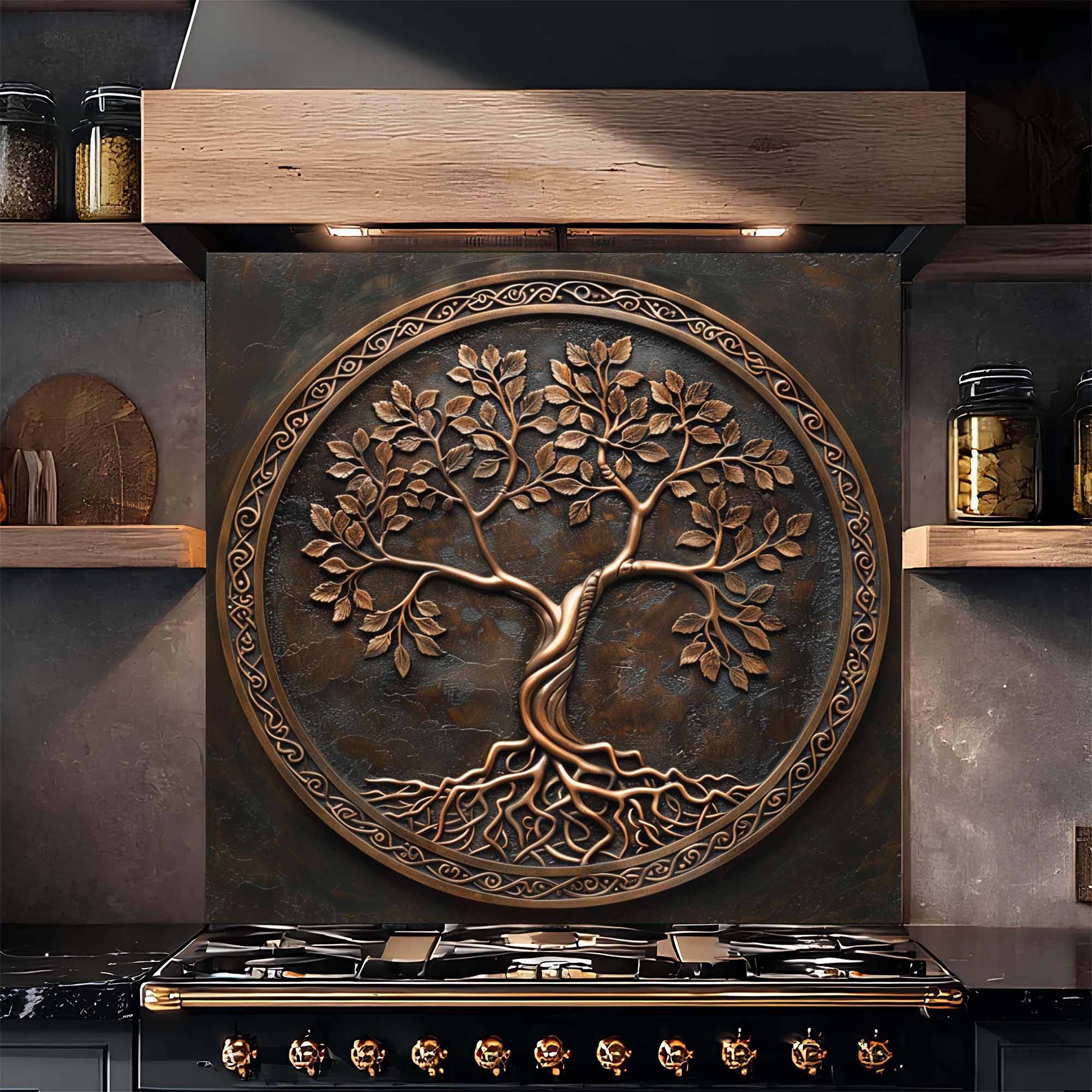 Bronze Circle Tempered Glass Backsplash – Copper Look Tree of Life Kitchen Backsplash