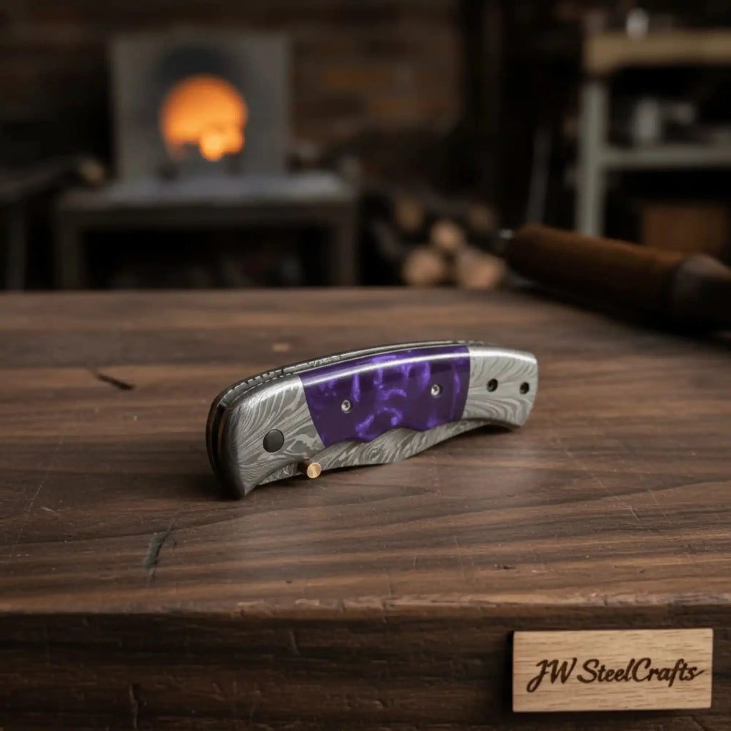 Feather Pattern Damascus Folding Knife with Purple Resin Handle
