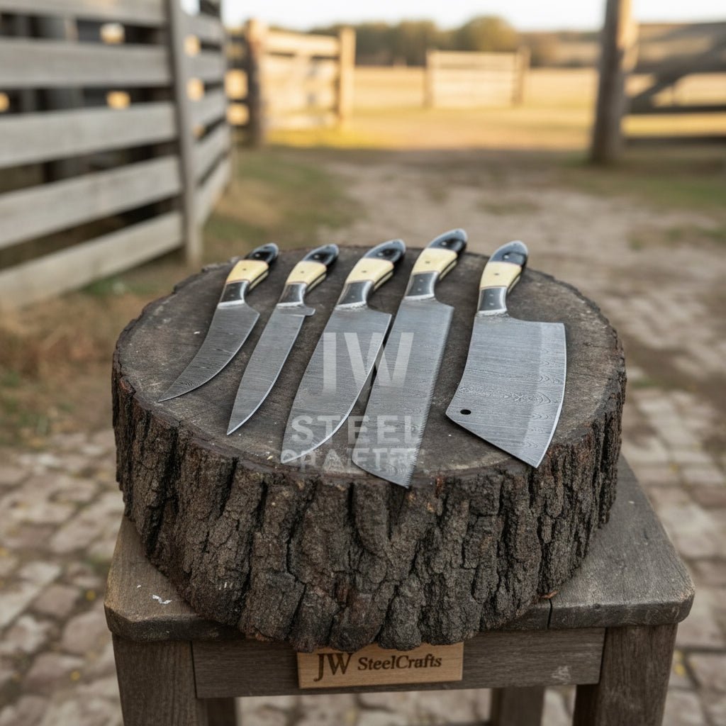 5-Piece Handmade Damascus Chef Knife Set with Wood and Resin Handles