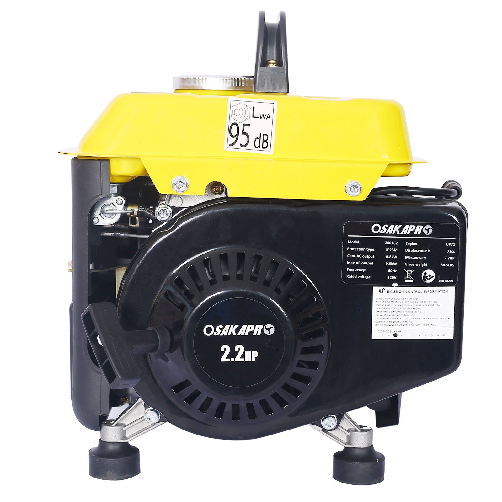 Portable Outdoor Generator Low Noise Gas Powered for Home Use Yellow Steel 14.60x12.20x13.80 Inches