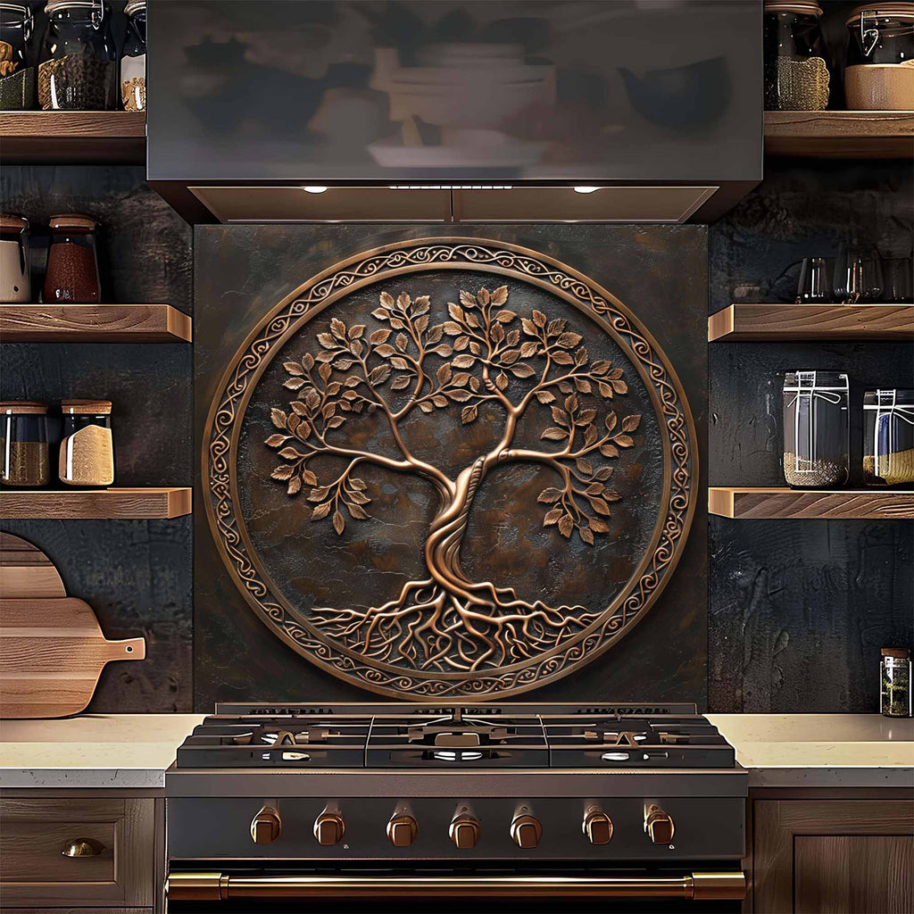 Bronze Circle Tempered Glass Backsplash – Copper Look Tree of Life Kitchen Backsplash