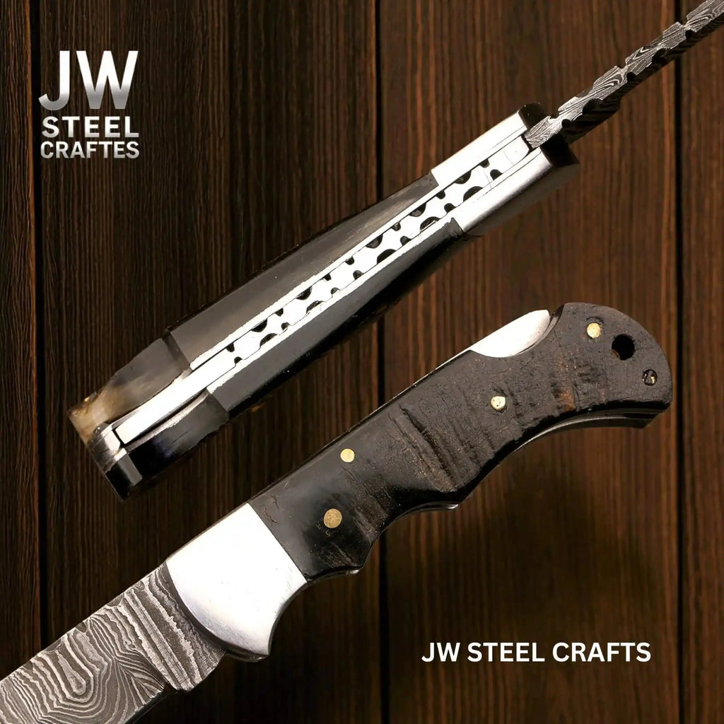 Handmade Damascus Folding Knife – Ram Horn or American Flag Handle