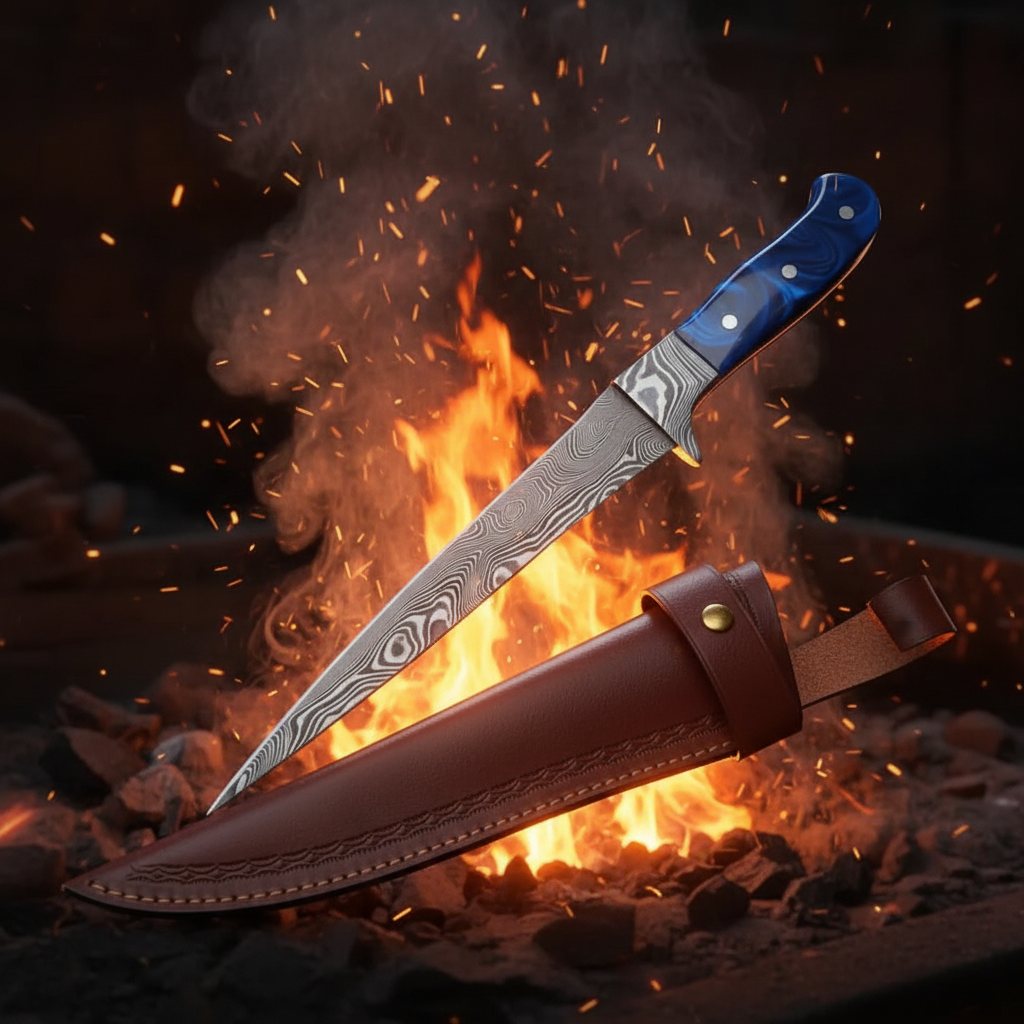 Damascus Fillet Knife Fire and Embers
