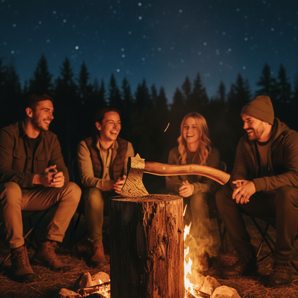 Damascus camp axe in log with campfire glow and friends around the fire
