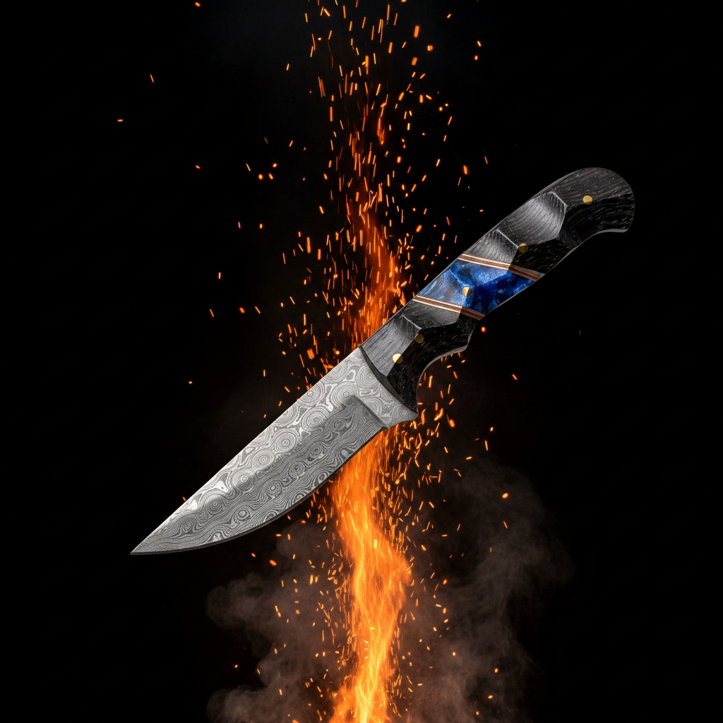 Damascus Drop Point Hunter with fire and ember backdrop