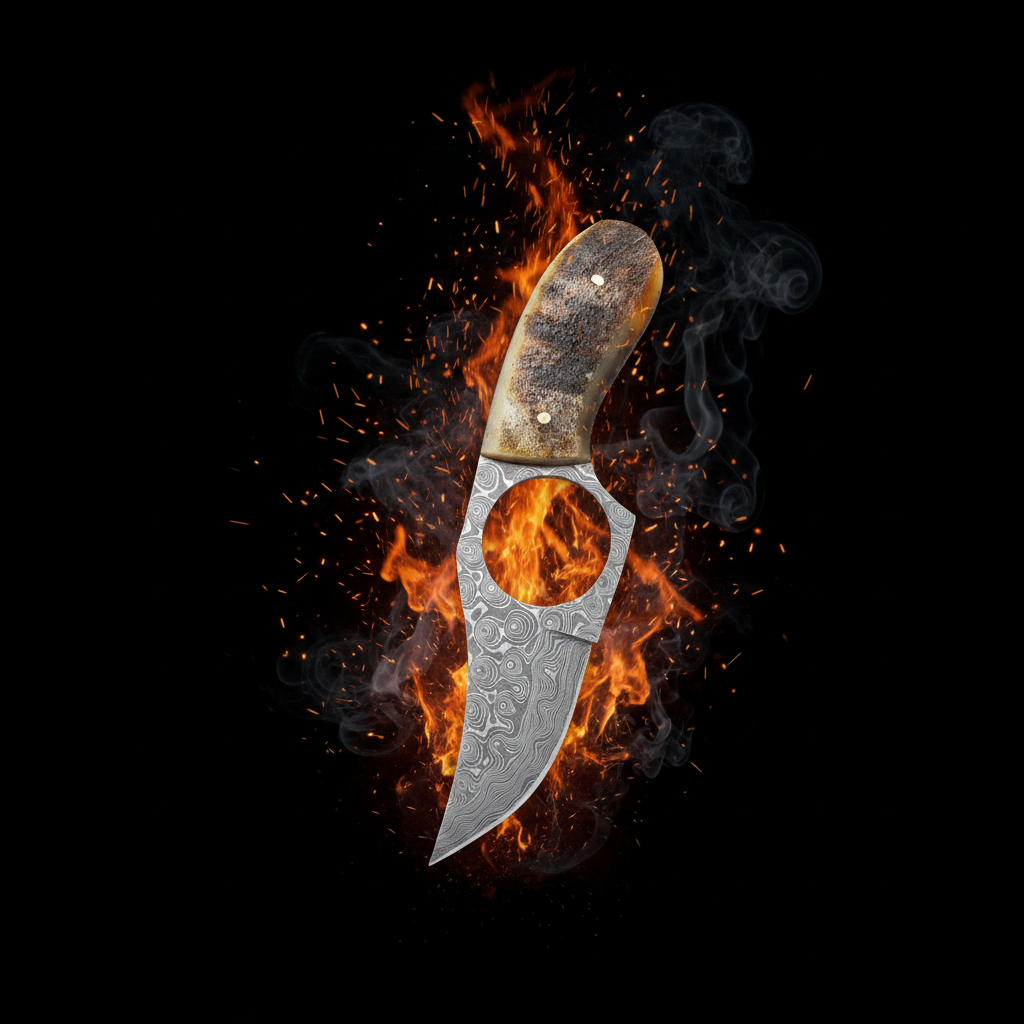Damascus Ring Skinner Ram Horn with fire and ember backdrop