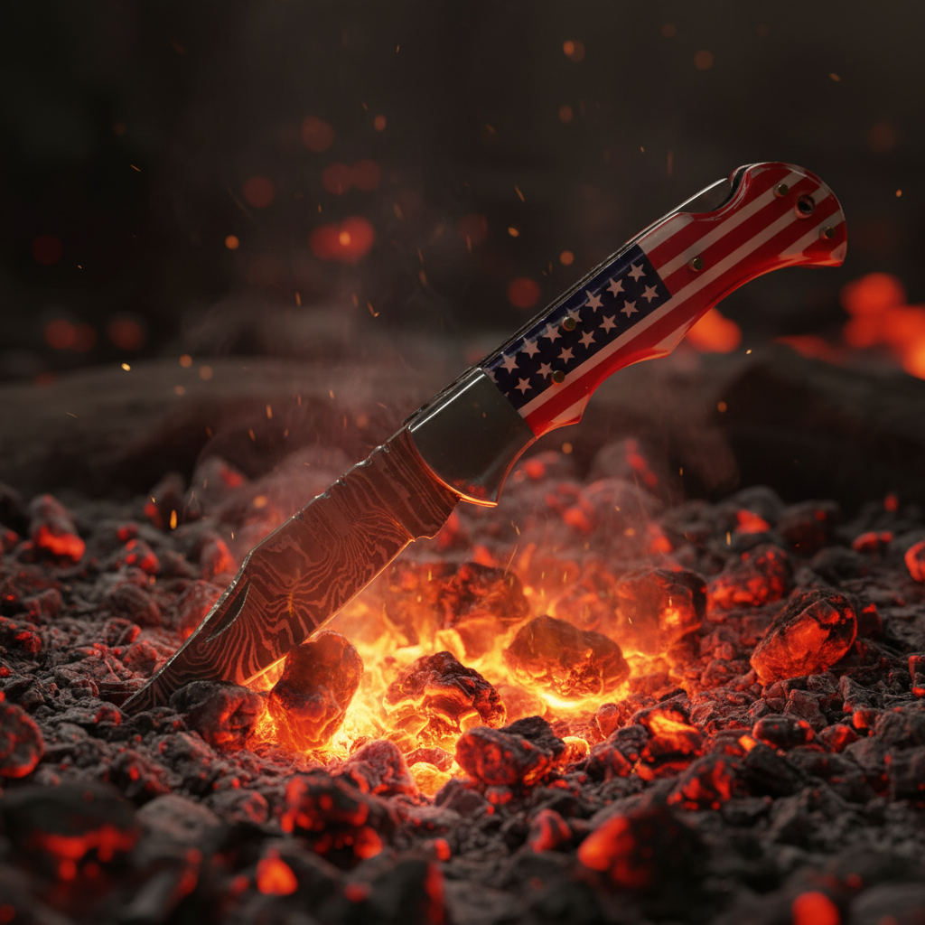 Damascus American Flag Knife in Coals