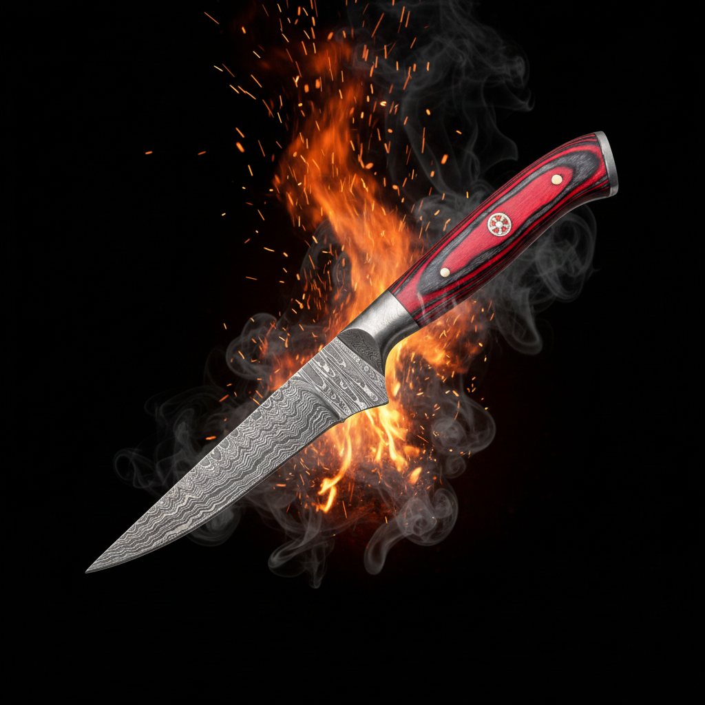 Damascus Skinning Knife with fire and ember backdrop
