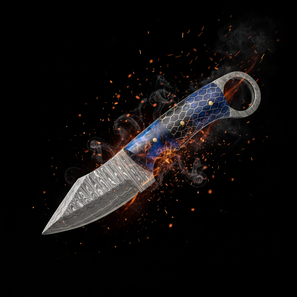 Damascus Ring Skinner Blue Honeycomb with fire and ember backdrop