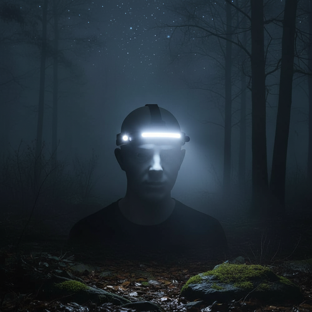 USB rechargeable LED headlamp with dark forest backdrop
