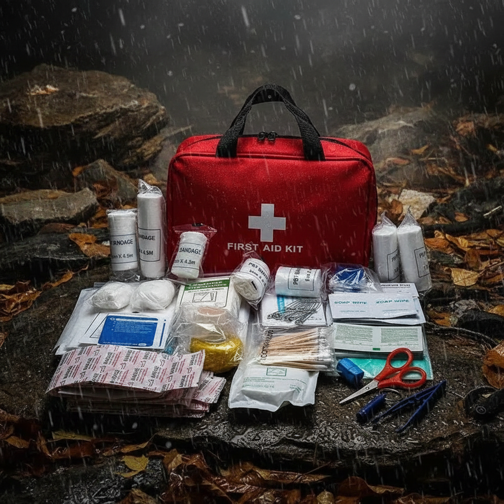 First aid kit with dark rugged outdoor backdrop