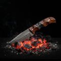 Damascus knife with rosewood and black honeycomb handle resting on glowing coals