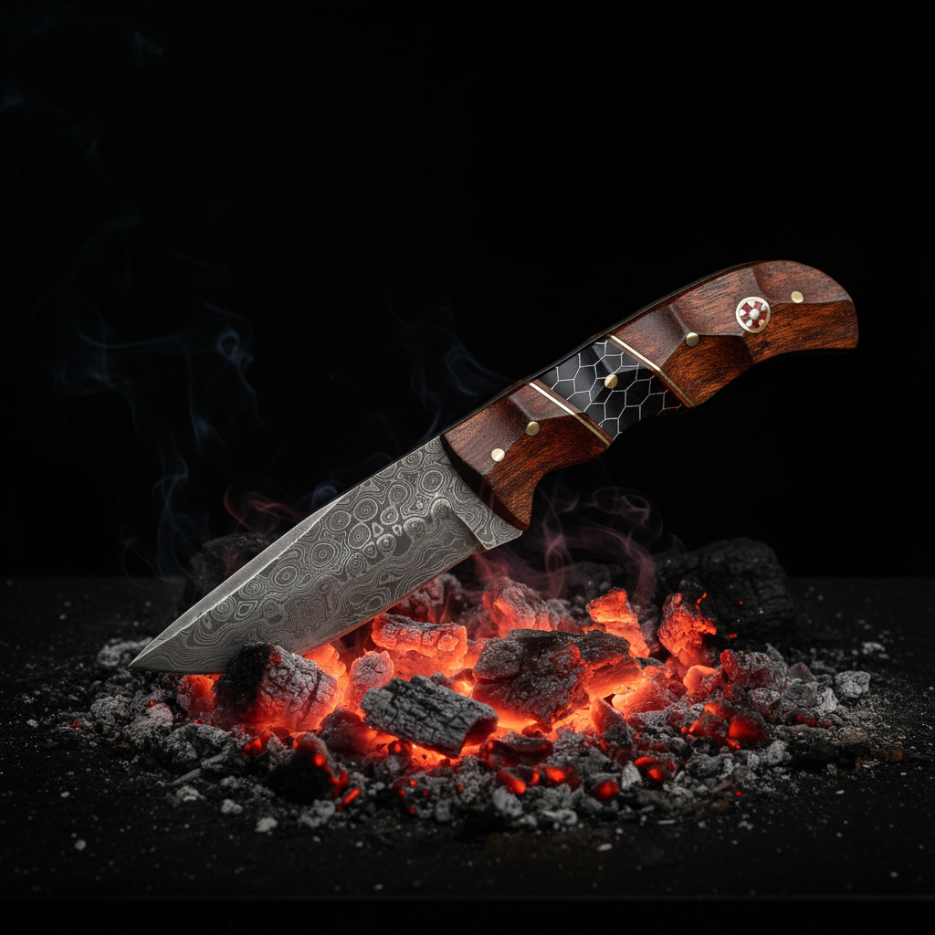 Damascus knife with rosewood and black honeycomb handle resting on glowing coals