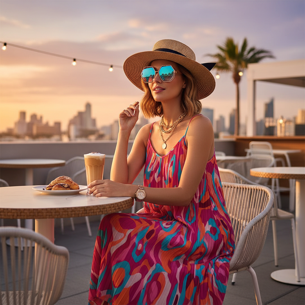 Stylish woman wearing polarized sunglasses at a rooftop cafe on a sunny summer day
