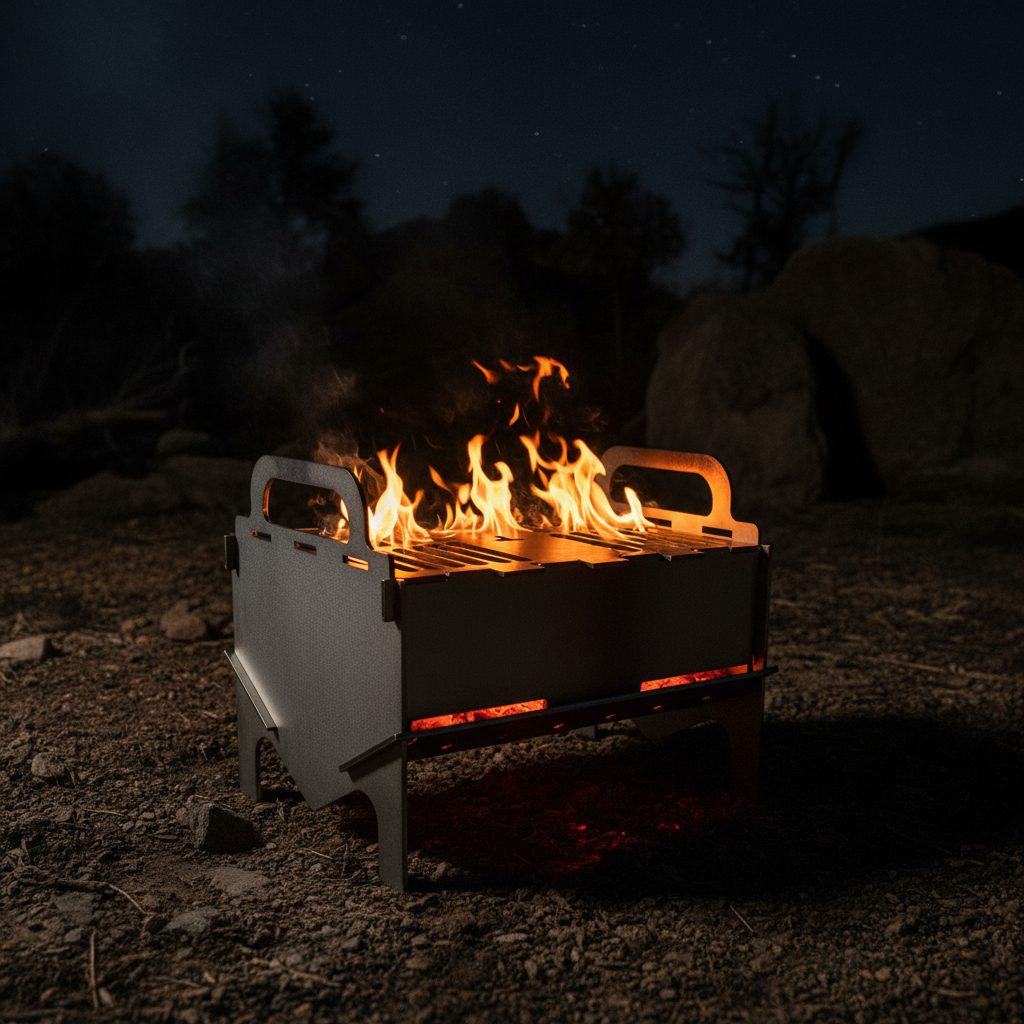 Collapsible camping grill with glowing coals at night