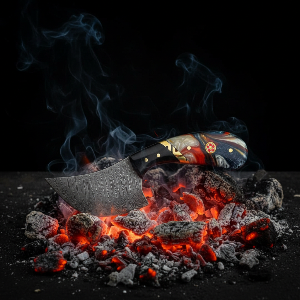 Damascus curve utility knife resting on glowing coals