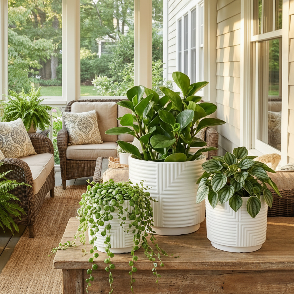 White stoneware planter set styled on a sunny outdoor patio