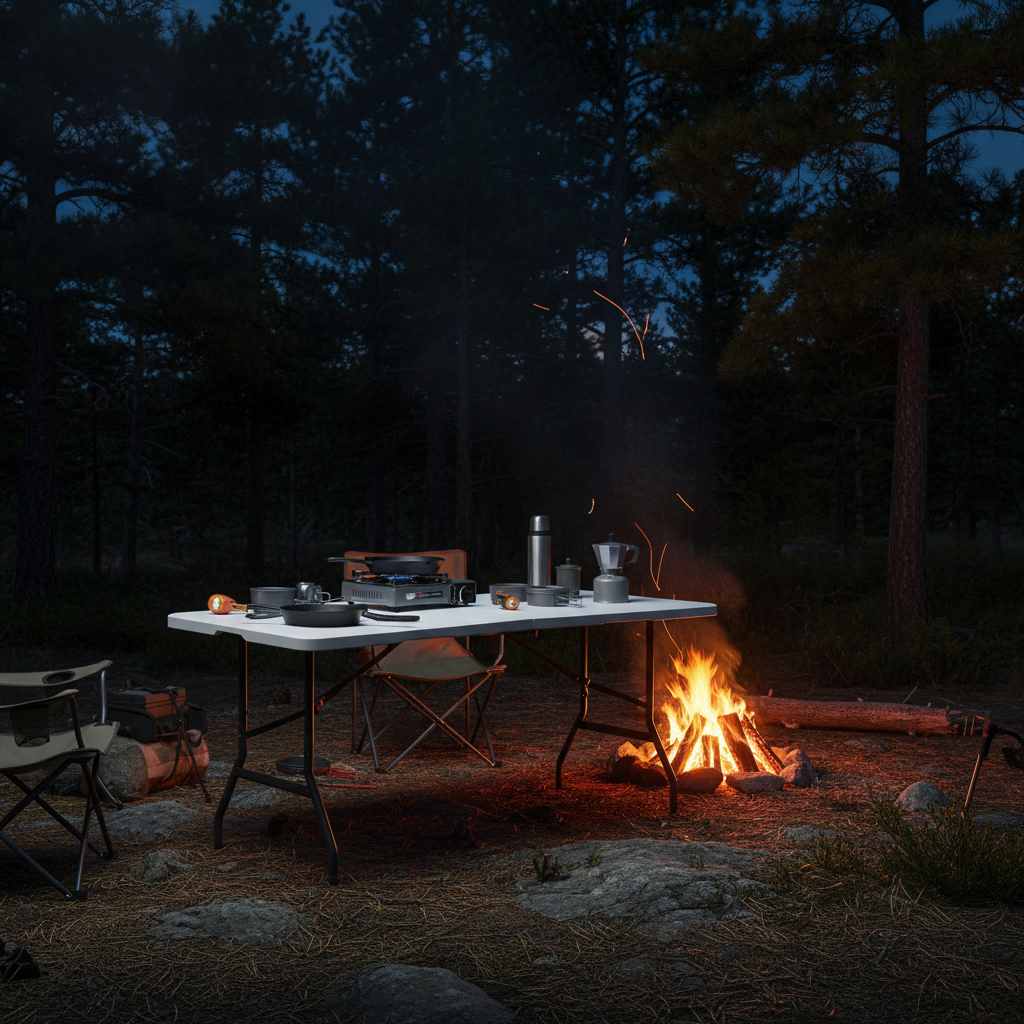 Portable outdoor table at rugged campsite with firelight glow