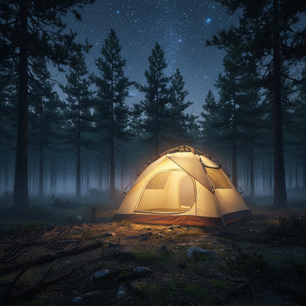 3-person popup tent in dark forest with mist and stars