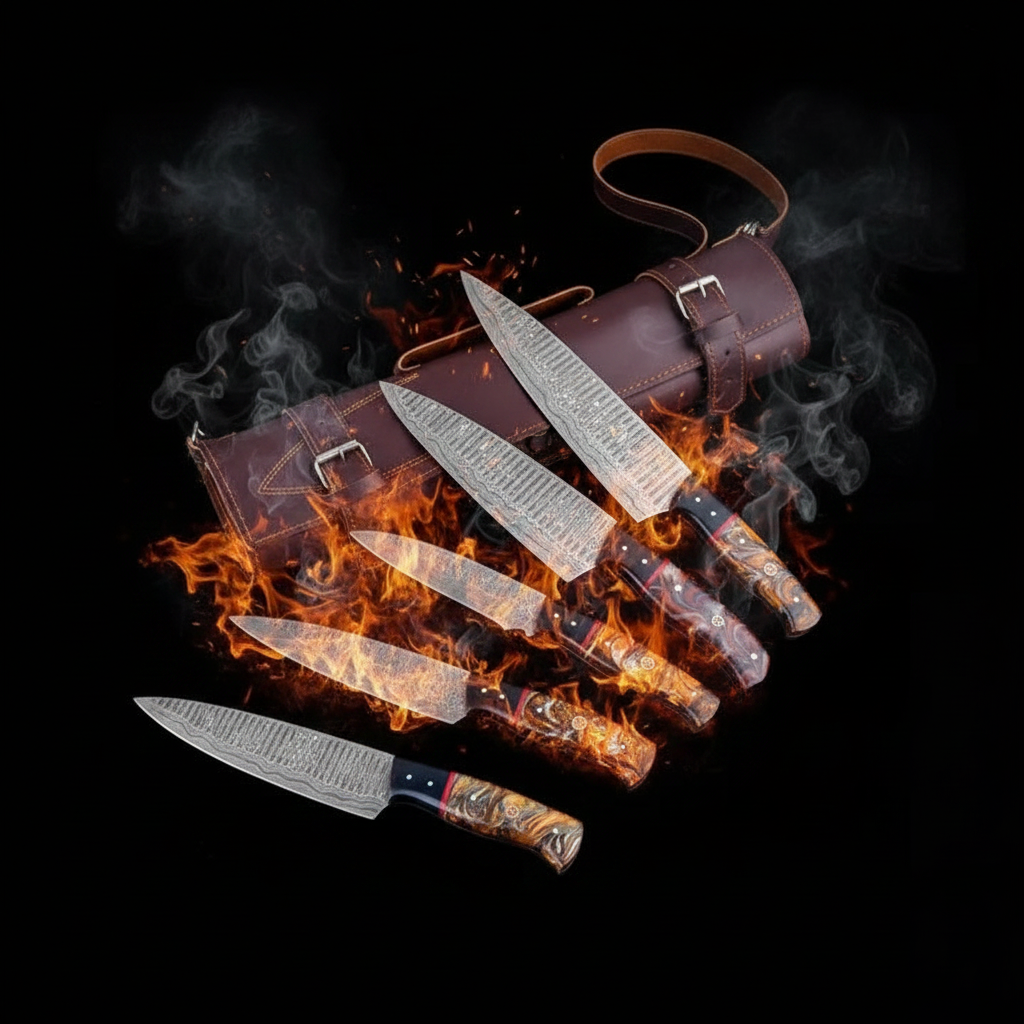 5-Piece Damascus Kitchen Knife Set with fire and ember backdrop