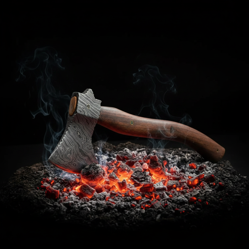 Damascus camp axe with rosewood handle on glowing coals