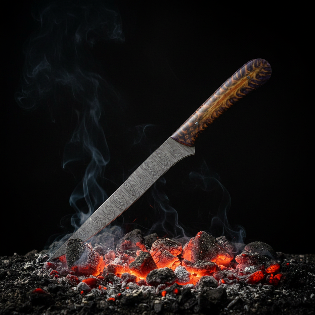 Damascus fillet knife with purple pine cone handle resting on glowing coals