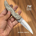 Handmade Engraved Brass Handle Folding Knife for EDC