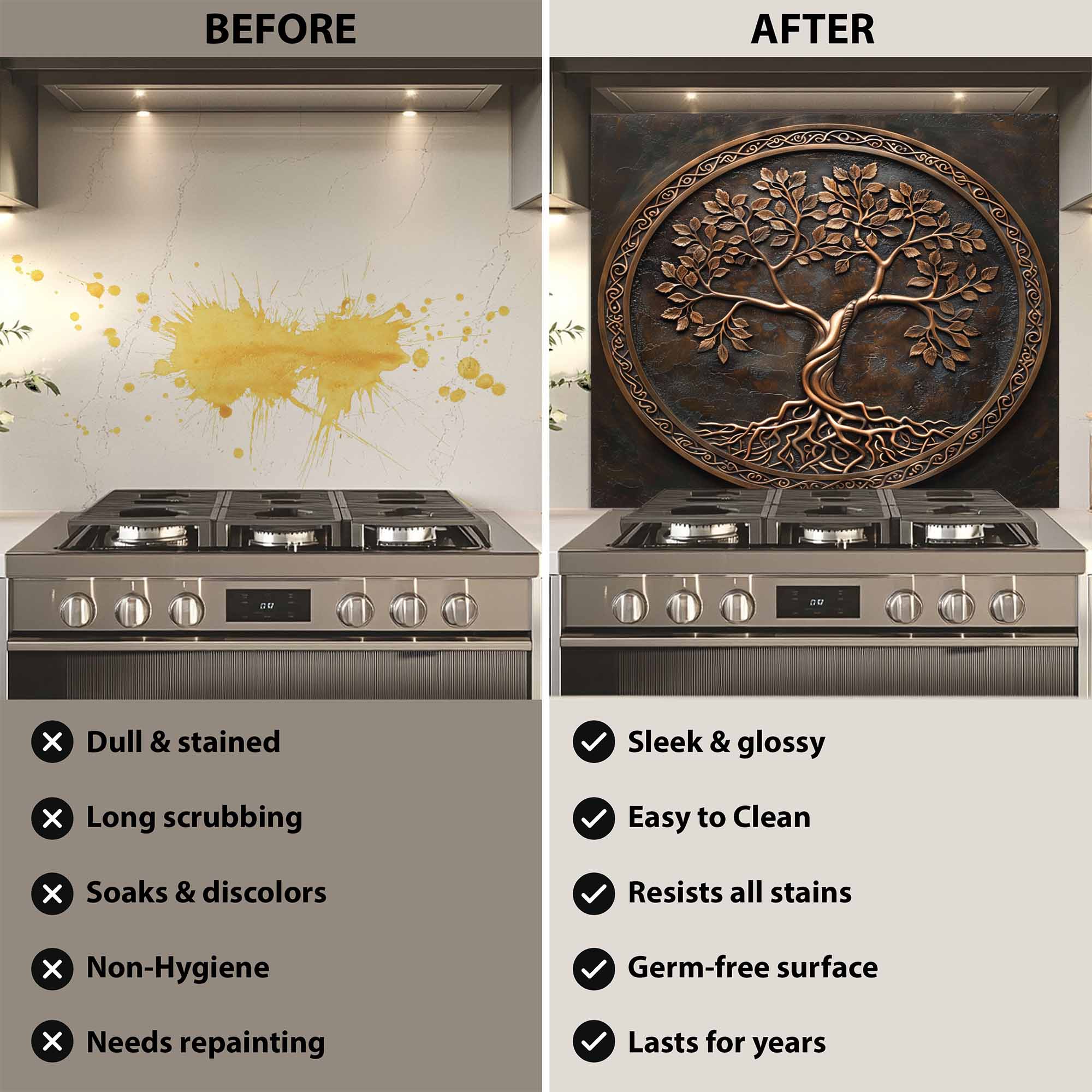 Bronze Circle Tempered Glass Backsplash – Copper Look Tree of Life Kitchen Backsplash
