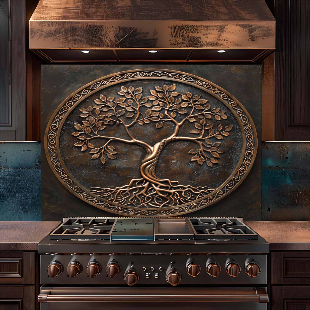 Bronze Circle Tempered Glass Backsplash – Copper Look Tree of Life Kitchen Backsplash